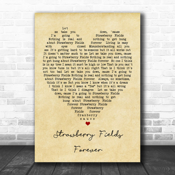 Strawberry Fields Forever The Beatles Vintage Heart Song Lyric Music Wall Art Print