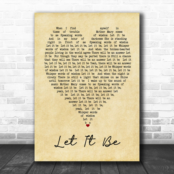 The Beatles Let It Be Vintage Heart Song Lyric Music Wall Art Print