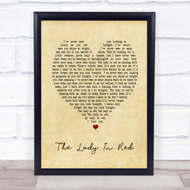 The Lady In Red Chris De Burgh Vintage Heart Song Lyric Music Wall Art Print