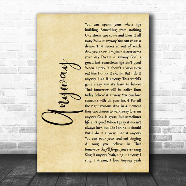 Martina McBride Anyway Rustic Script Decorative Wall Art Gift Song Lyric Print