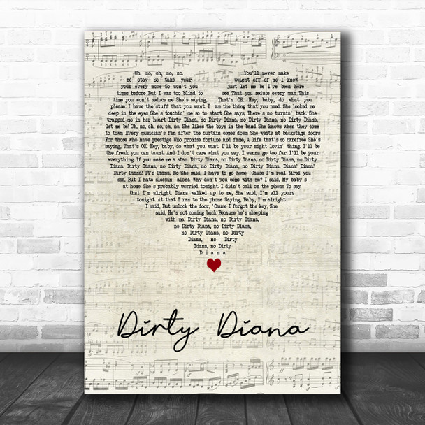 Michael Jackson Dirty Diana Script Heart Decorative Wall Art Gift Song Lyric Print