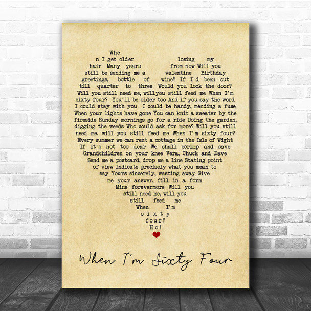 When I'm Sixty Four The Beatles Vintage Heart Song Lyric Music Wall Art Print