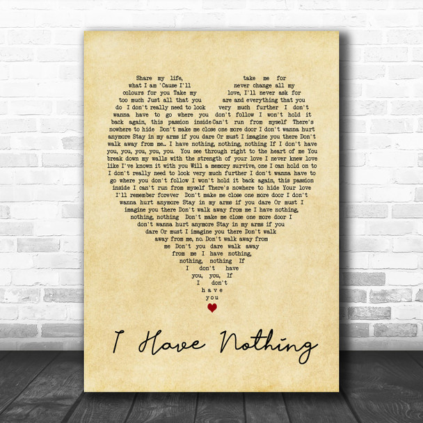 Whitney Houston I Have Nothing Vintage Heart Song Lyric Music Wall Art Print