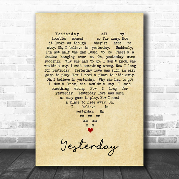 Yesterday The Beatles Vintage Heart Song Lyric Music Wall Art Print