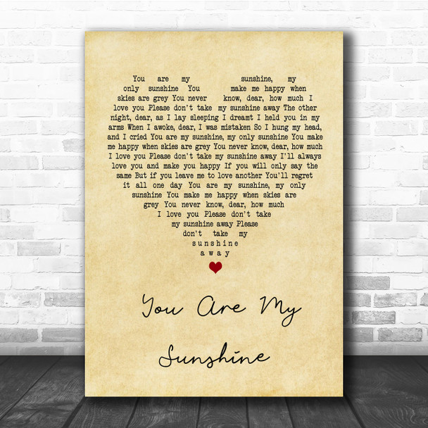 You Are My Sunshine Vintage Heart Song Lyric Music Wall Art Print