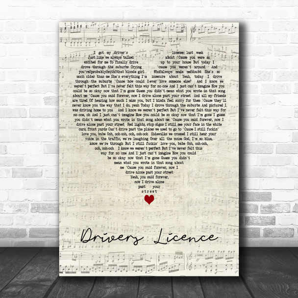 Olivia Rodrigo drivers licence Script Heart Decorative Wall Art Gift Song Lyric Print