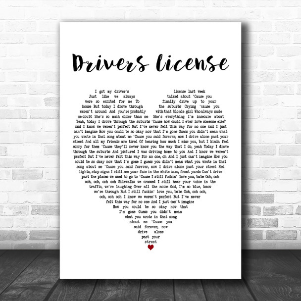 Olivia Rodrigo Drivers License White Heart Decorative Wall Art Gift Song Lyric Print