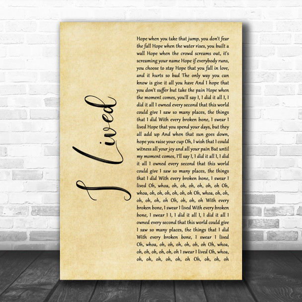 OneRepublic I Lived Rustic Script Decorative Wall Art Gift Song Lyric Print