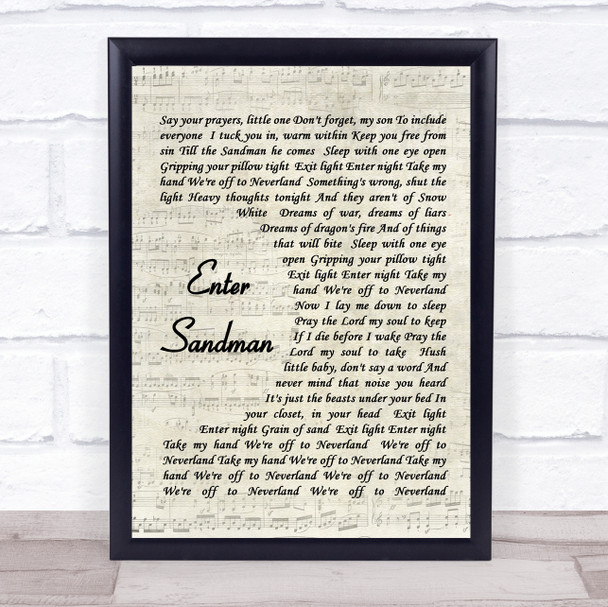 Enter Sandman Metallica Song Lyric Vintage Script Music Wall Art Print