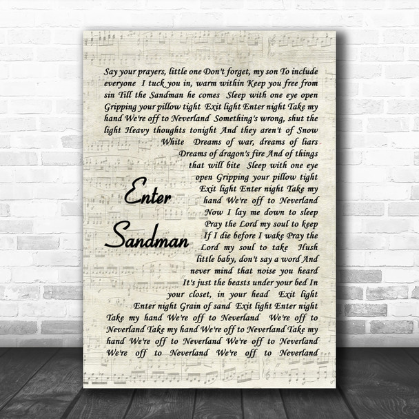 Enter Sandman Metallica Song Lyric Vintage Script Music Wall Art Print