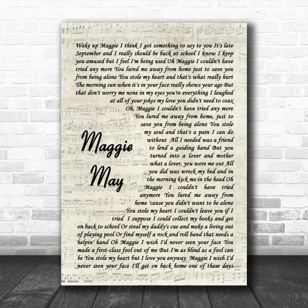 Maggie May Rod Stewart Song Lyric Vintage Script Music Wall Art Print