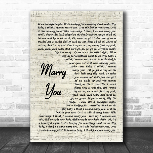 Marry You Bruno Mars Song Lyric Vintage Script Music Wall Art Print