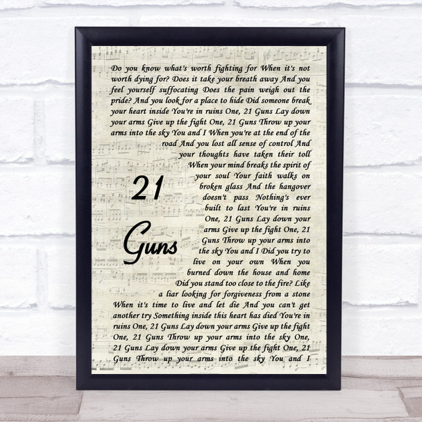 Green Day 21 Guns Vintage Script Song Lyric Music Wall Art Print