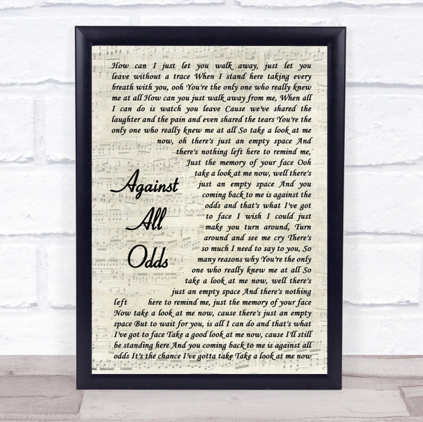 Phil Collins Against All Odds Vintage Script Song Lyric Music Wall Art Print