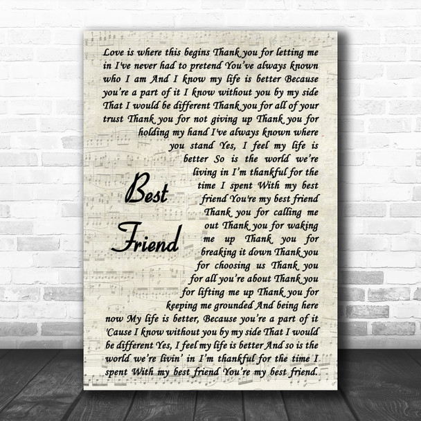 Jason Mraz Best Friend Song Lyric Vintage Script Music Wall Art Print