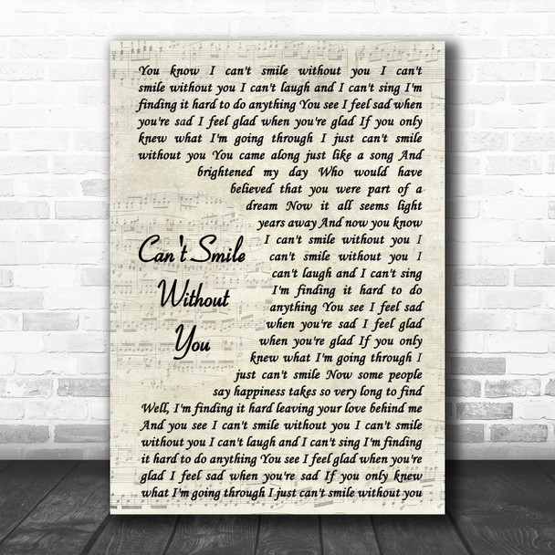 Barry Manilow Can't Smile Without You Vintage Script Song Lyric Music Wall Art Print