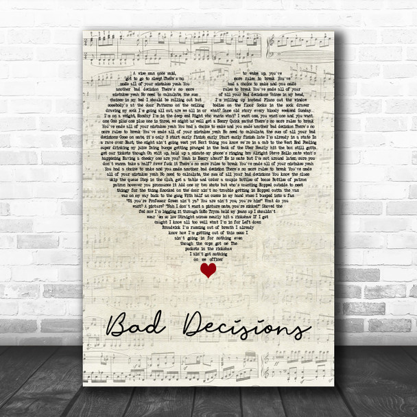 Professor Green Bad Decisions Script Heart Decorative Wall Art Gift Song Lyric Print