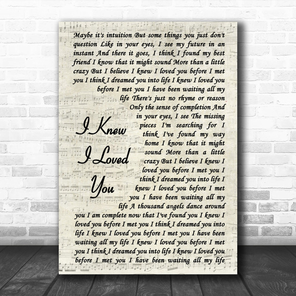 Savage Garden I Knew I Loved You Vintage Script Song Lyric Music Wall Art Print