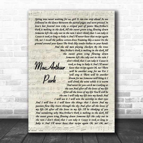 Richard Harris MacArthur Park Vintage Script Decorative Wall Art Gift Song Lyric Print