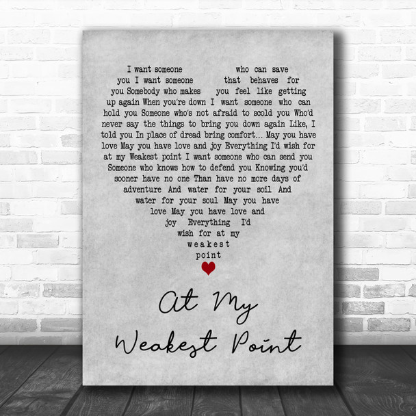 Ricky Ross At My Weakest Point Grey Heart Decorative Wall Art Gift Song Lyric Print