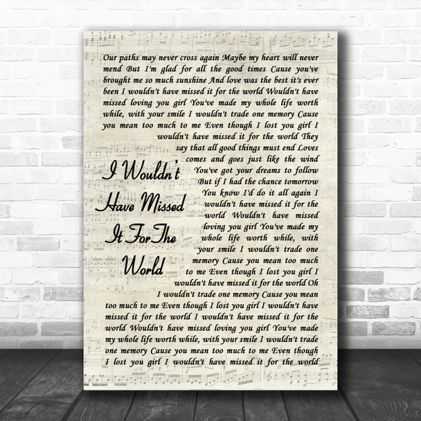 Ronnie Milsap I Wouldnt Have Missed It for the World Vintage Script Wall Art Gift Song Lyric Print