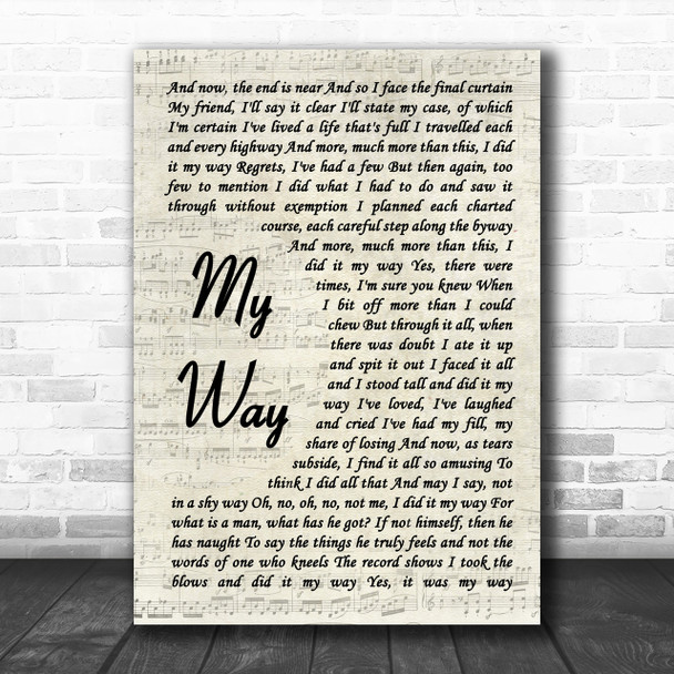 Frank Sinatra My Way Vintage Script Song Lyric Music Wall Art Print