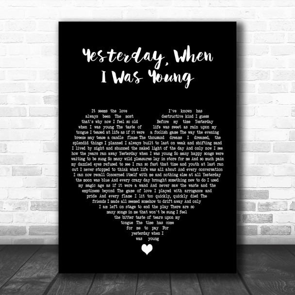 Roy Clark Yesterday, When I Was Young Black Heart Decorative Gift Song Lyric Print