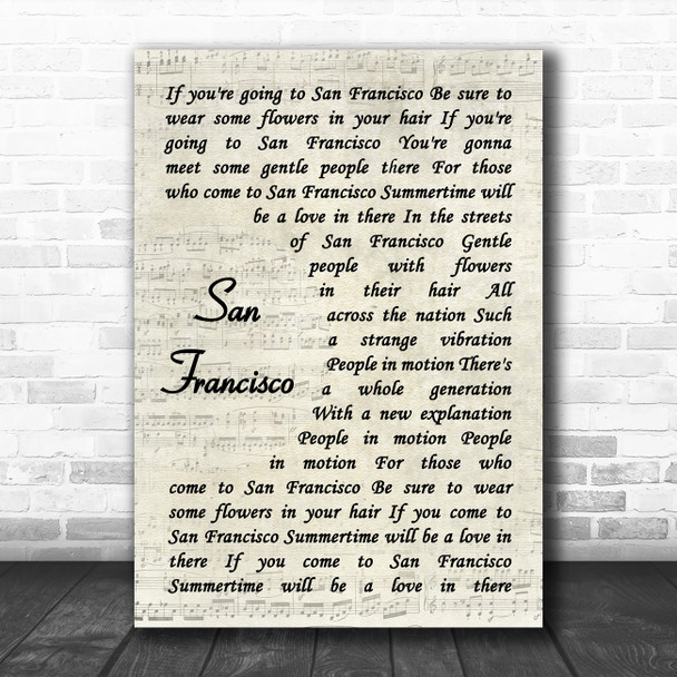 Scott McKenzie San Francisco Vintage Script Decorative Wall Art Gift Song Lyric Print