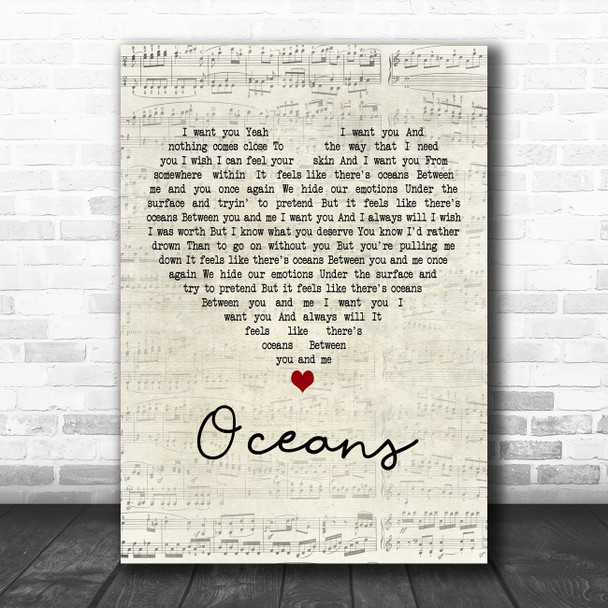 Seafret Oceans Script Heart Decorative Wall Art Gift Song Lyric Print