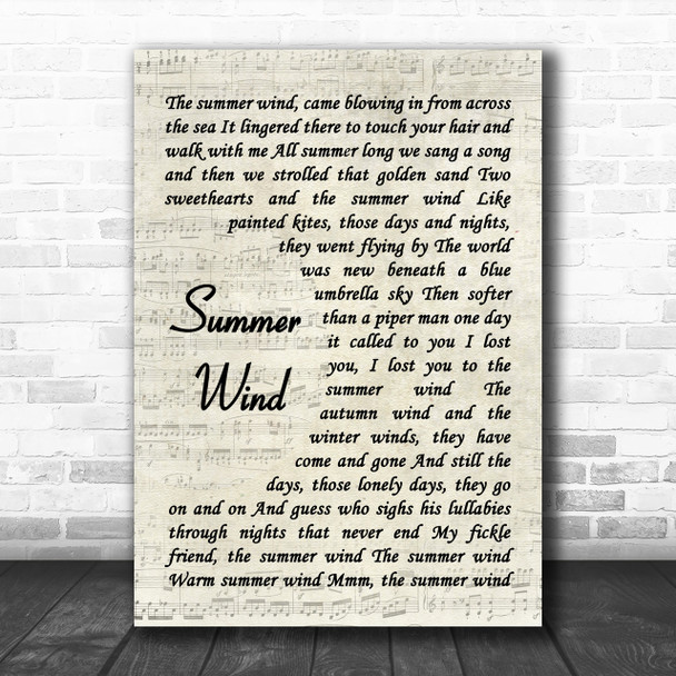 Frank Sinatra Summer Wind Vintage Script Song Lyric Music Wall Art Print