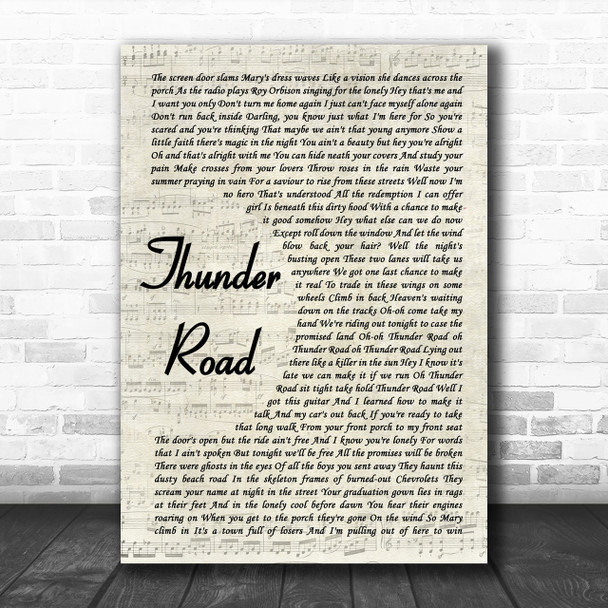 Bruce Springsteen Thunder Road Vintage Script Song Lyric Music Wall Art Print