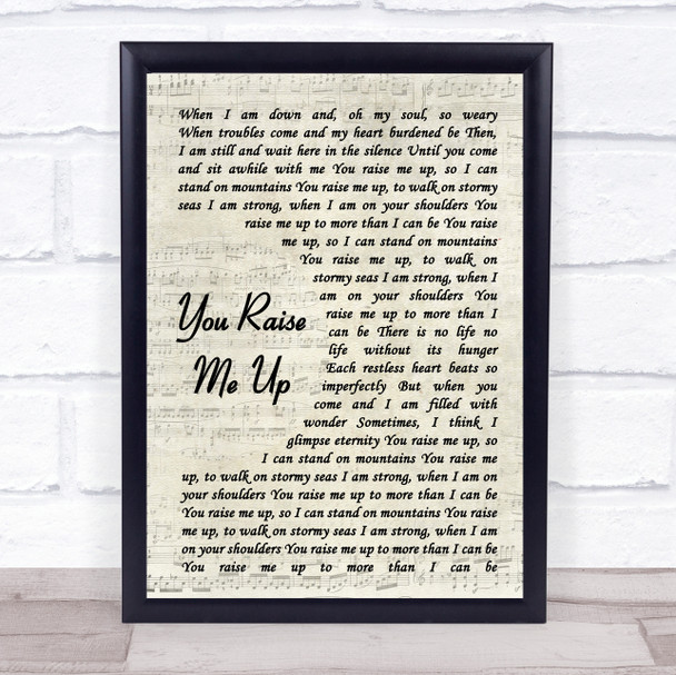 Josh Groban You Raise Me Up Vintage Script Song Lyric Music Wall Art Print