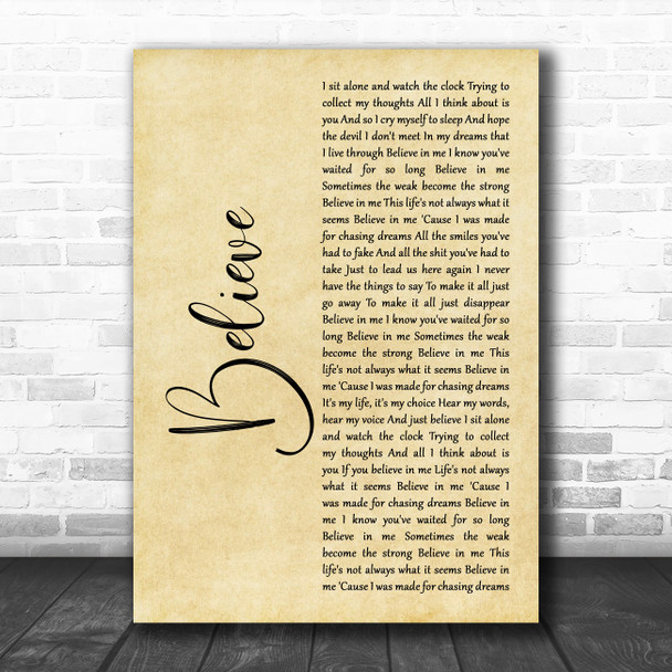 Staind Believe Rustic Script Decorative Wall Art Gift Song Lyric Print