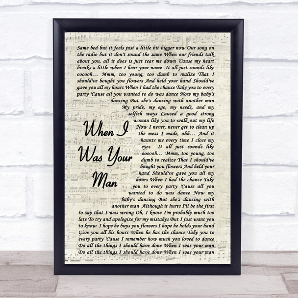 When I Was Your Man Bruno Mars Song Lyric Vintage Script Music Wall Art Print