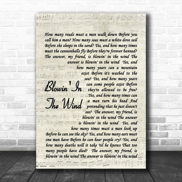 Blowin' In The Wind Bob Dylan Script Song Lyric Music Wall Art Print