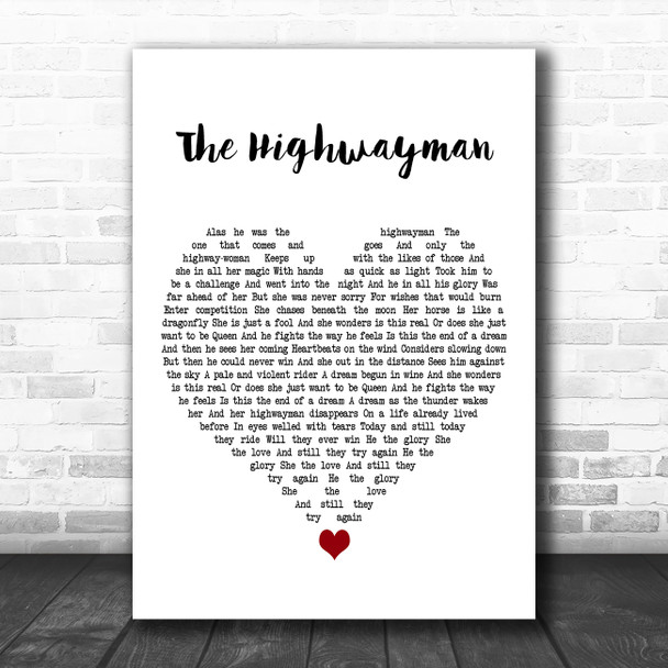 Stevie Nicks The Highwayman White Heart Decorative Wall Art Gift Song Lyric Print