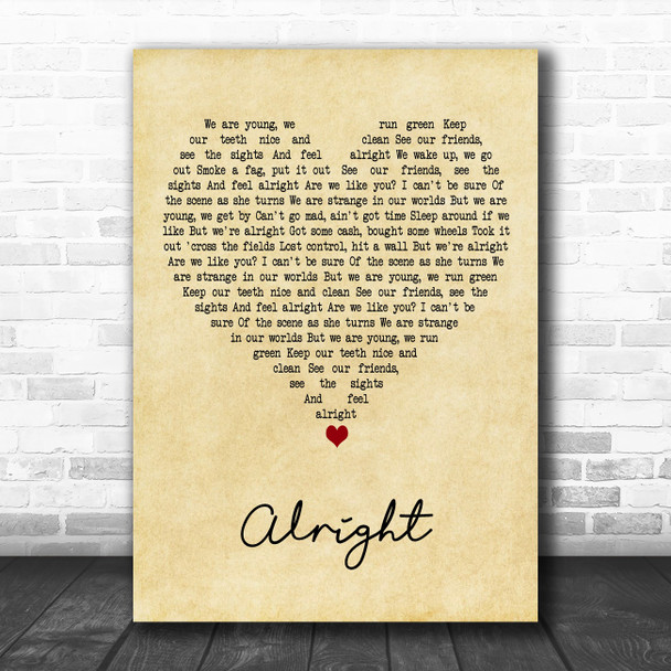 Supergrass Alright Vintage Heart Decorative Wall Art Gift Song Lyric Print