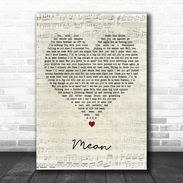 Taylor Swift Mean Script Heart Decorative Wall Art Gift Song Lyric Print