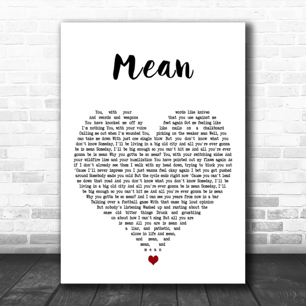 Taylor Swift Mean White Heart Decorative Wall Art Gift Song Lyric Print