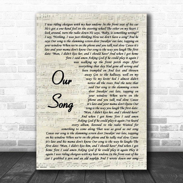 Taylor Swift Our Song Vintage Script Decorative Wall Art Gift Song Lyric Print