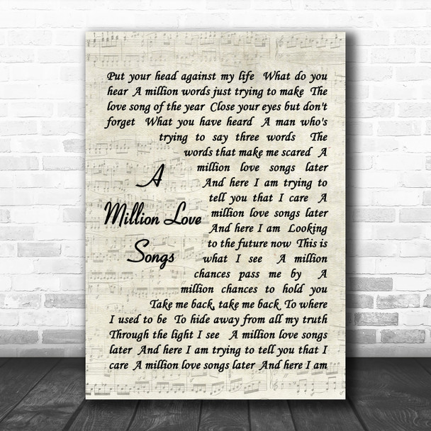 A Million Love Songs Take That Song Lyric Vintage Script Music Wall Art Print