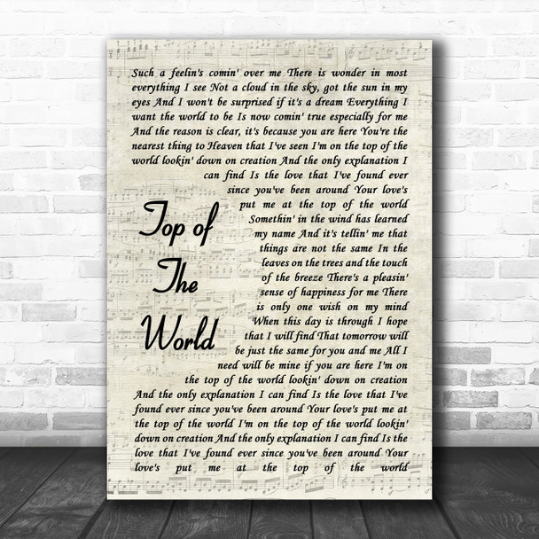 The Carpenters Top Of The World Vintage Script Decorative Wall Art Gift Song Lyric Print