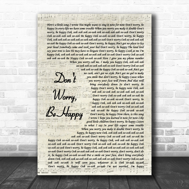 Bobby McFerrin Don't Worry, Be Happy Vintage Script Song Lyric Music Wall Art Print