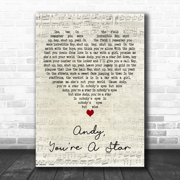 The Killers Andy, Youre A Star Script Heart Decorative Wall Art Gift Song Lyric Print