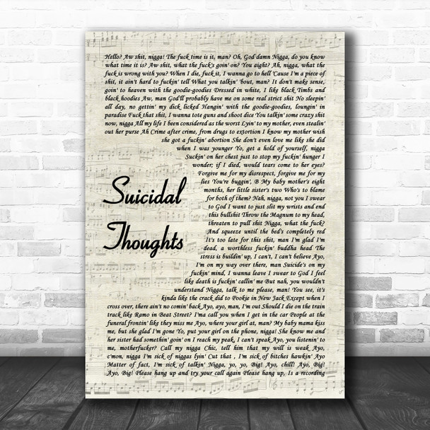 The Notorious B.I.G. Suicidal Thoughts Vintage Script Decorative Wall Art Gift Song Lyric Print