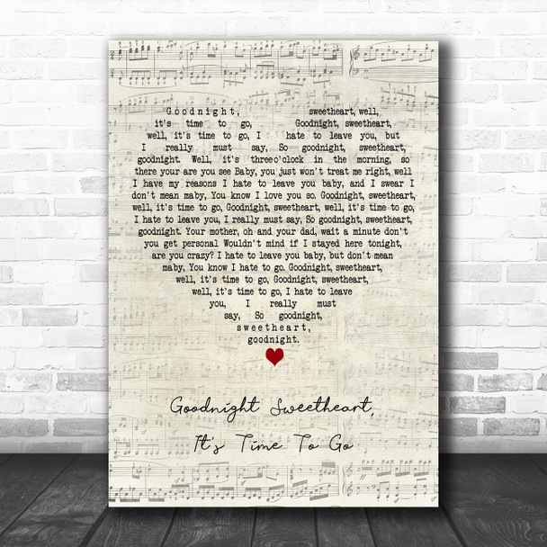 The Platters Goodnight Sweetheart, It's Time To Go Script Heart Wall Art Gift Song Lyric Print