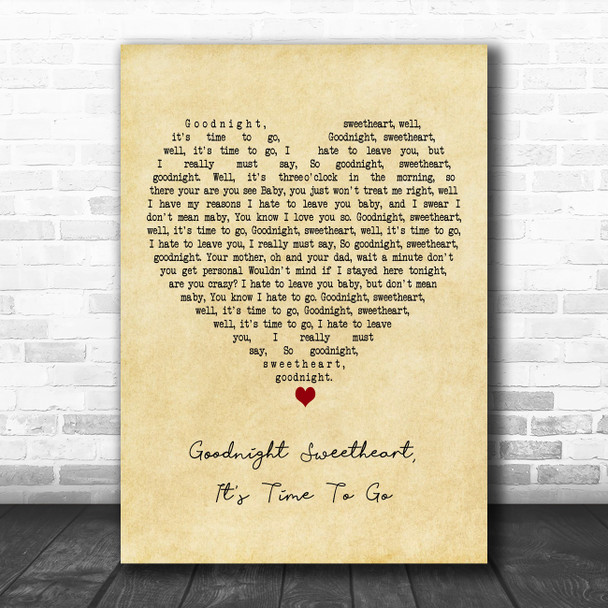 The Platters Goodnight Sweetheart, It's Time To Go Vintage Heart Wall Art Gift Song Lyric Print