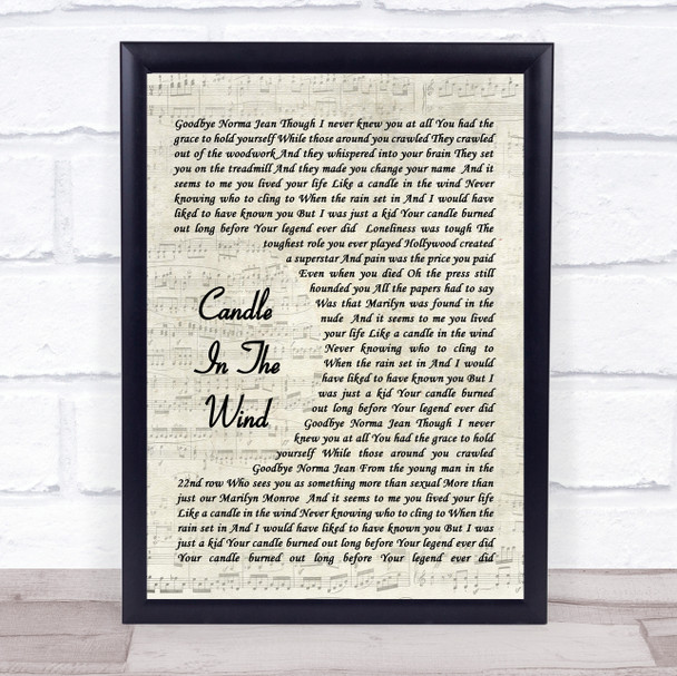 Candle In The Wind Elton John Song Lyric Vintage Script Music Wall Art Print