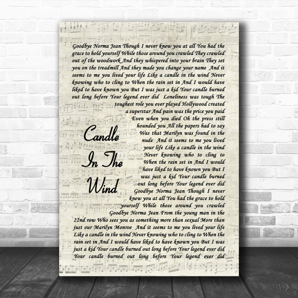 Candle In The Wind Elton John Song Lyric Vintage Script Music Wall Art Print