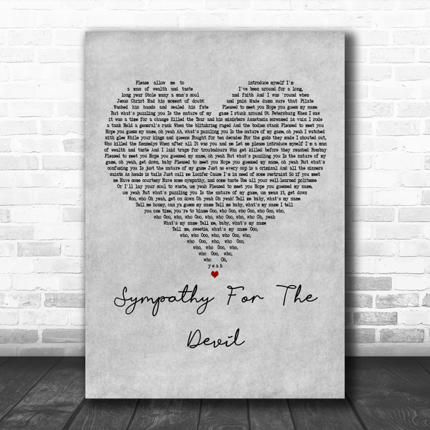 The Rolling Stones Sympathy For The Devil Grey Heart Decorative Wall Art Gift Song Lyric Print